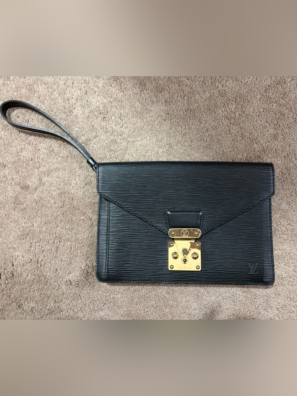 Louis Vuitton Epi Black Dragonne Wristlet Clutch with Gold Lock Hardware